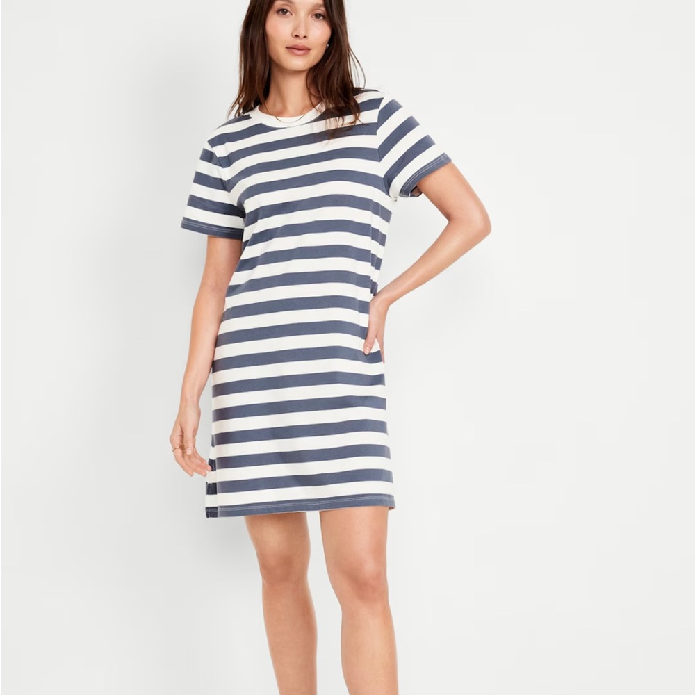 Striped White and Blue Knee-Length T-Shirt Dress